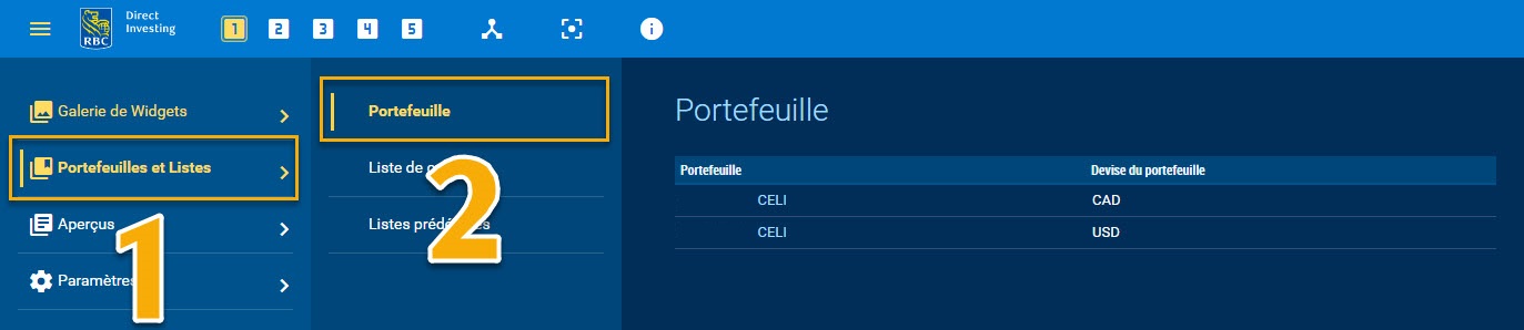 Comment ouvrir la liste des portefeuilles à partir du menu principal